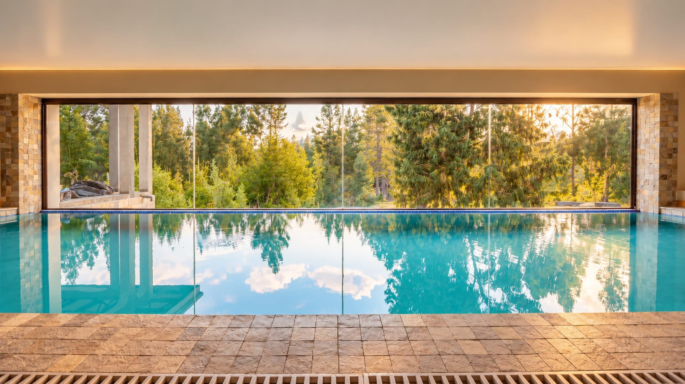 Piscina temperada con ventanal hacia el bosque